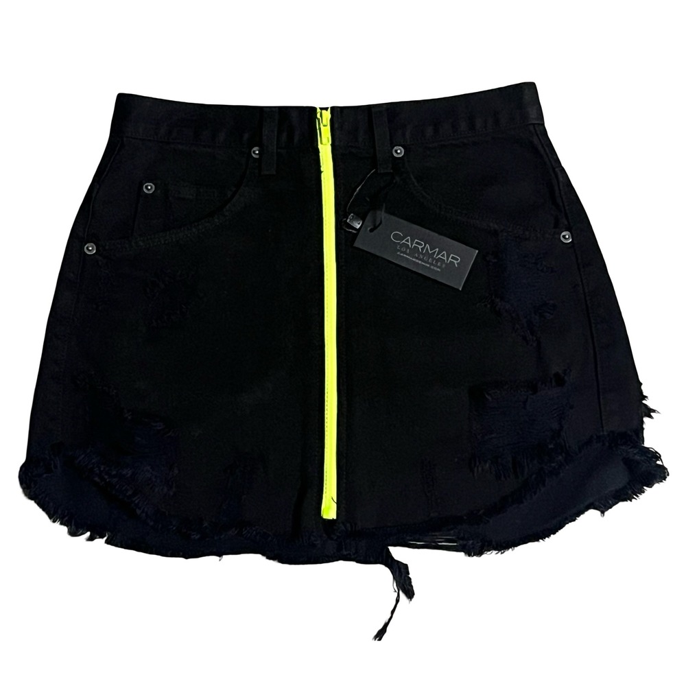 CARMAR Beatrice Distressed Denim Mini Skirt Black Neon Yellow Zip Size 27 NEW